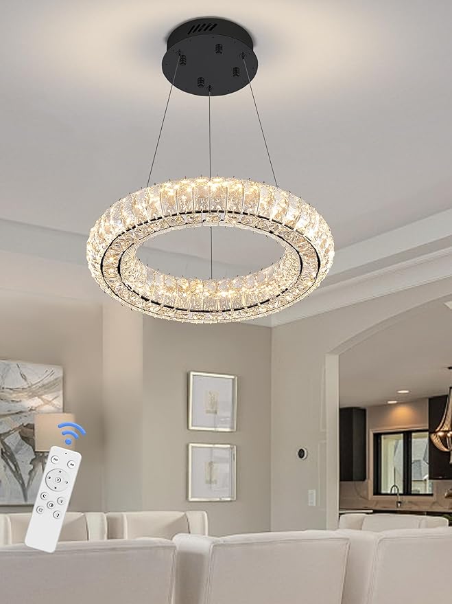 Dimmable LED 15.7" Ring Pendant Light Modern Adjustable Black Round Crystal Chandelier Light Fixtures for Dining Room Living Room