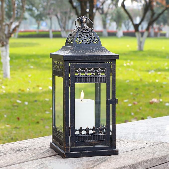 JHY DESIGN Decorative Candle Lanterns 14.5" High Vintage Style Hanging Lantern, Metal Candleholder for Indoor Outdoor, Events, Parties and Weddings（Black with Gold Brush）