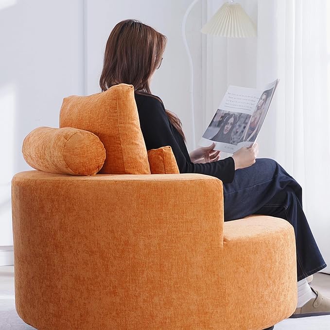 Furnimart Oversized Barrel Accent Chair, 360° Swivel Round Upholstered Sofa, Chenille High-Resilience Sponge, No Assembly Wide Seat for Living Room, Bedroom, Apartment (Orange)