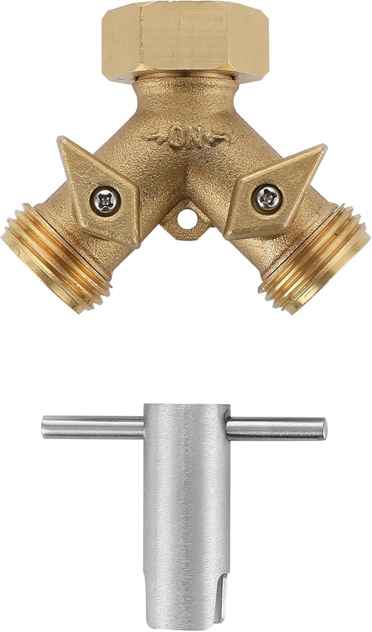 Bropury Hose Splitter 2 Way Heavy Duty with Thickened and optimized, Brass Hose Splitter 2 Way 3/4", Hose Spigot Adapter 2 Valves with 3 Extra Rubber Washers and on/off Wrench(2 way)