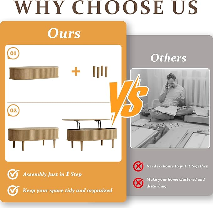 EAG Fluted Lift Top Coffee Table with Hidden Compartment, 39 Inch Modern Oval Coffee Table with 3 Storage, Fully Wooden Assembled Center Table for Living Room, Office, Natural