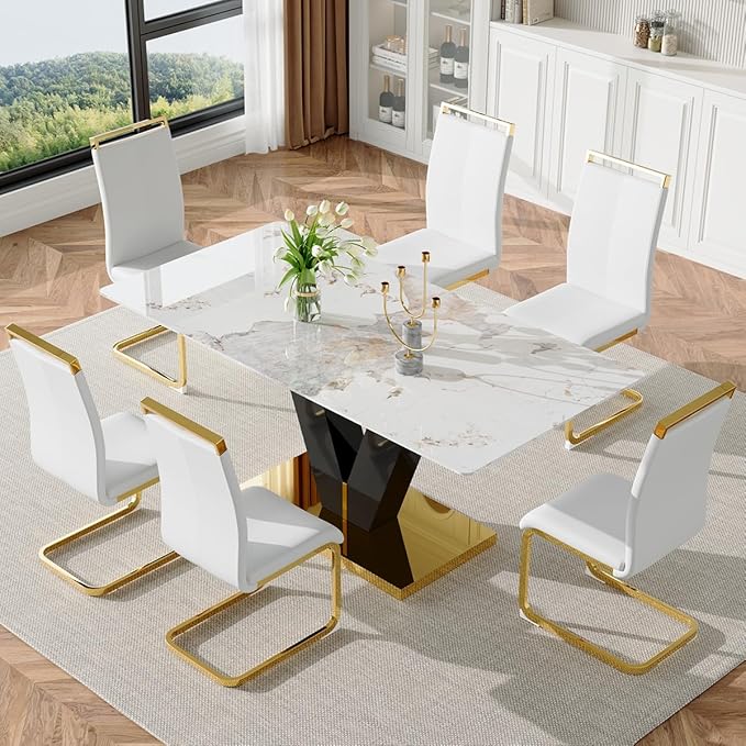 Dining Room Table Set for 6,71'' Marble Dining Table Set,Modern Kitchen Table with 6 PU Leather Chairs,Gold Dining Table Set with V-Shaped Black Glossy Pillars,Ideal for Kitchen Dining Room
