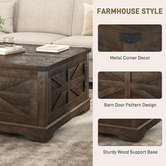 36" Farmhouse Movable Lift Top Coffee Table with Storage and Power Outlets, Square Wood Living Room Tables with Wheels&Large Hidden Space, Lift Wooden Barn Door Center Table, Brown
