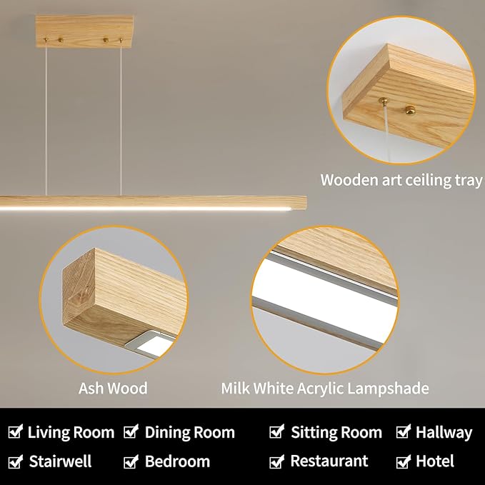 Wooden Linear Pendant Light, 47" Modern Chandeliers for Dining Room, Dimmable Pool Table Island Lights for Kitchen, LED Ceiling Pendant Lamp for Dining Room Billiard Room, Natural Ash