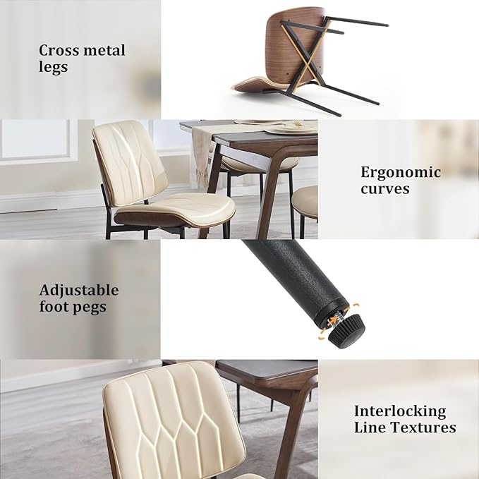 BV Mid Century Modern Dining Chairs Set of 2, Upholstered Pu Leather Accent Chair with Walnut Bentwood Back, Armless Kitchen Retro Chair for Dining Room, Living Room, Kitchen, Beige