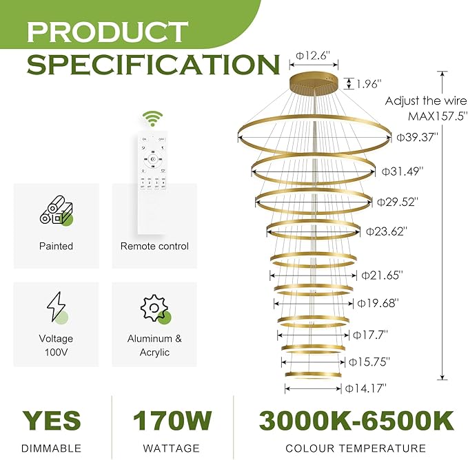 9 Rings Modern LED Chandelier Gold Dimmable Large Foyer Chandeliers Entryway High Ceiling for Staircase, High Ceiling Pendant Lights for Entryway Living Room, 3000K-6500K CCT