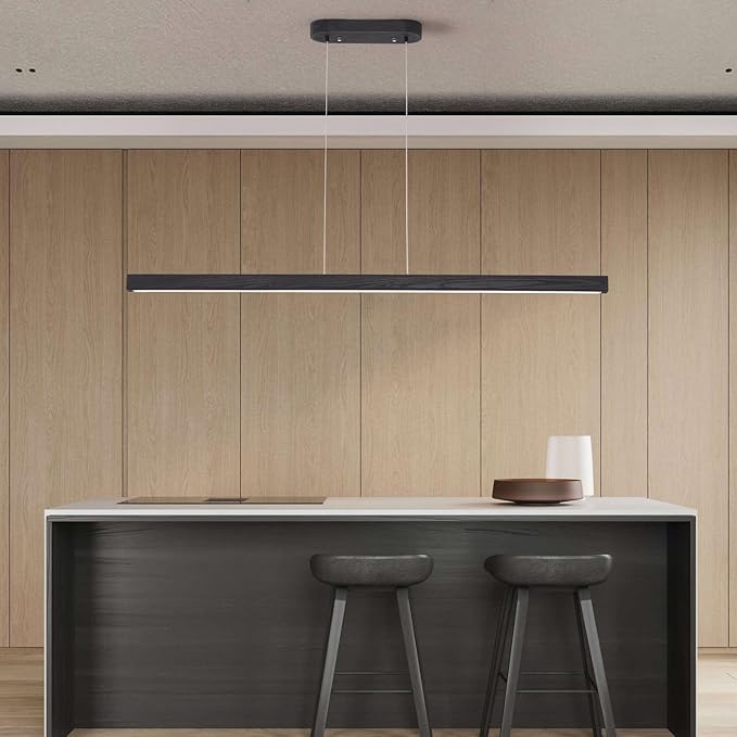 71 Inch LED Linear Pendant Light Black Wood LED Kitchen Island Lighting Dimmable Ceiling Hanging Chandeliers for Dining Room Living Room Bar Pool Table 40W Modern Farmhouse Fixture Black Wood Finish