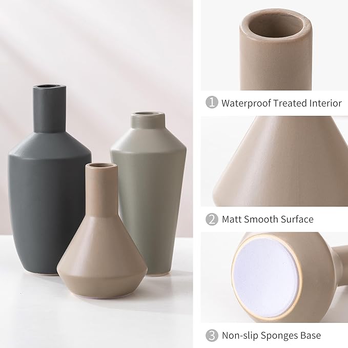 Ceramic Vase Set of 3, Modern Decorative Flower Rustic Farmhouse Decor Vase for Home Decor Bouquet Pampas Grass Dried Fresh Flowers, Living Room, Kitchen, Bedroom, Bathroom and Shelf