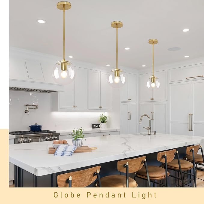 6 Inch Globe Pendant Light Gold Mid Century Pendant Light Contemporary Globe Pendant Lights Kitchen Island Clear Glass with Brass Finish Adjustable Hanging Light Fixture for Kitchen Island