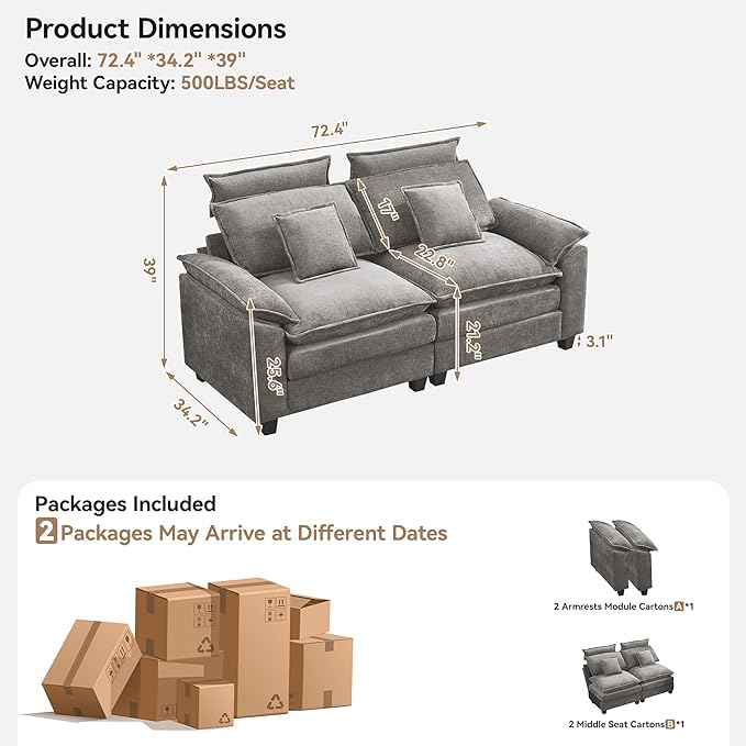 72'' Cloud Modern Loveseat Couch with Detachable Headrest, Modular Sectional Sofa Couch Deep Love Seat, Oversized 2 Seater Chenille Comfy Sofa with Armrests for Living Room, Light Grey