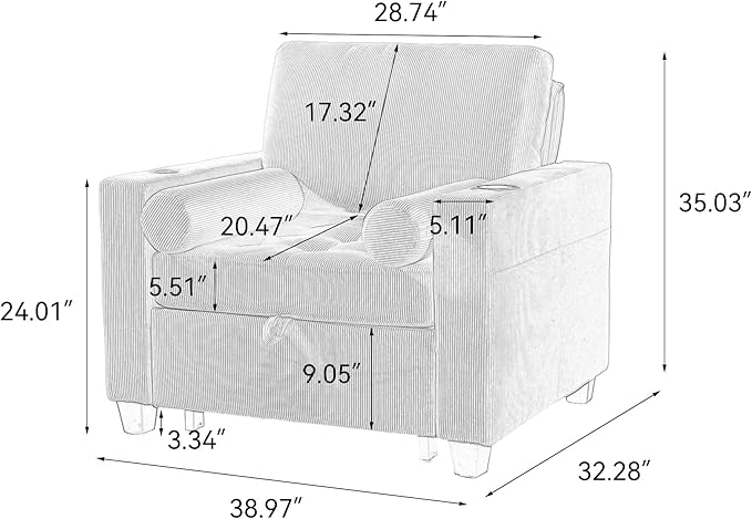 UIXE 3-in-1 Sleeper Chair Pull Out Sofa Bed, Convertible Reclining Seat Upholstered Armchair, Adjustable Backrest Recliner Chair with Side Pockets, Cup Holder & USB Ports - Beige White