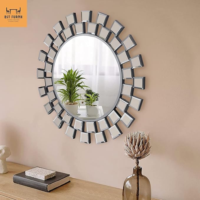 BST FURNH Sunburst Wall Mirror, 24 Inches Decorative Round Frameless Mirror for Living Room