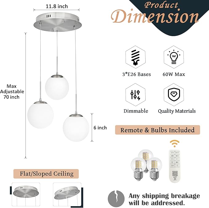 KoKo&Yukina 3-Light Globe Glass Pendant Light Modern Nickel Glass Chandelier Adjustable Length Pendant Lights Fixtures with Milky White Globe Ceiling Light for Kitchen Island (Bulb & Remote Incl.)