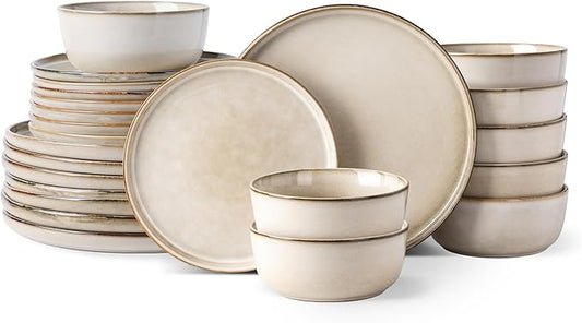 GBHOME Ceramic Dinnerware Sets for 8, 24 Pieces Stoneware Plates and Bowls Sets, Scratch Resistant Dishes, Dishwasher & Microwave Safe, Reactive Glaze-Cappuccino