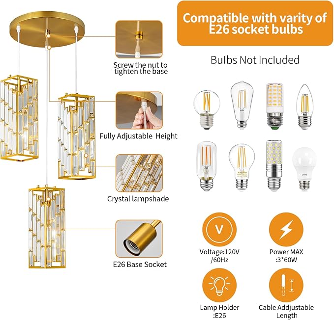 Gold Pendant Lighting Modern Pendant Light, Mini Crystal Chandeliers,Adjustable Pendant Light Fixture for Kitchen Island Dinning Room Bedroom (3 Light)