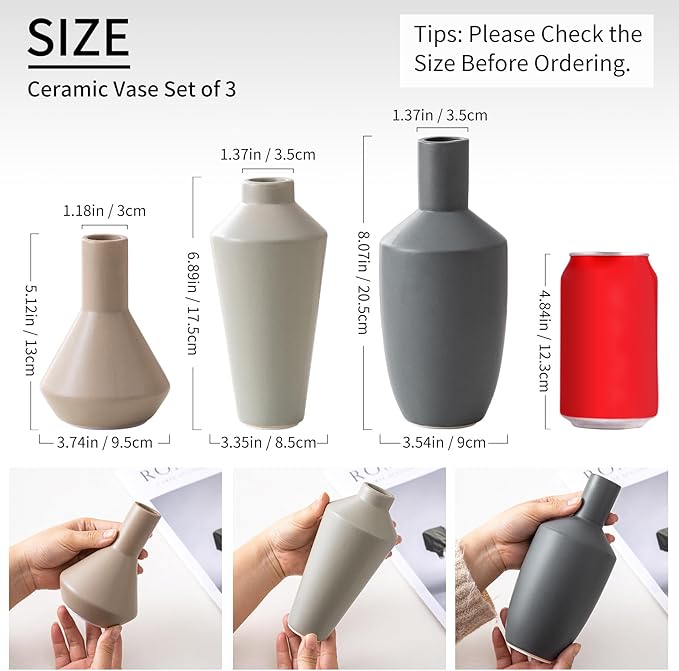 Ceramic Vase Set of 3, Modern Decorative Flower Rustic Farmhouse Decor Vase for Home Decor Bouquet Pampas Grass Dried Fresh Flowers, Living Room, Kitchen, Bedroom, Bathroom and Shelf