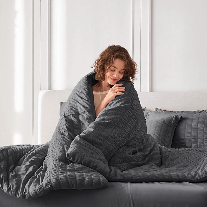 MUXHOMO 5 Pieces Twin Comforter Set, Seersucker Bed in a Bag Twin Size, All Season Luxury Bedding Set with Comforter, Flat Sheet, Fitted Sheet, Pillowcase & Sham, Dark Grey