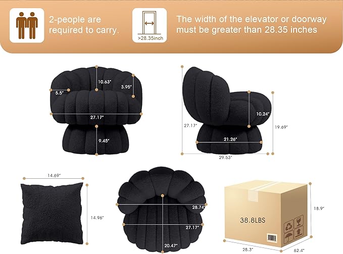 Mid Century Modern 360 Degree Barrel Swivel Accent Vanity Chair,Fluffy Sherpa Fabric Lounge Wide Upholstered Pumpkin Reading Chair, Round Cloud Armchair for Living Room,Bedroom,Vanity(Black)