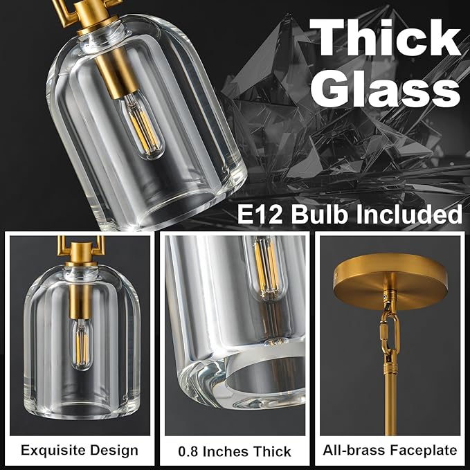 Brass Pendant Light Fixtures, Gold Pendant Light, Indoor Pendant Light for Kitchen Island Dining Room Living Room Bedroom Bathroom, E12 Bulb Included