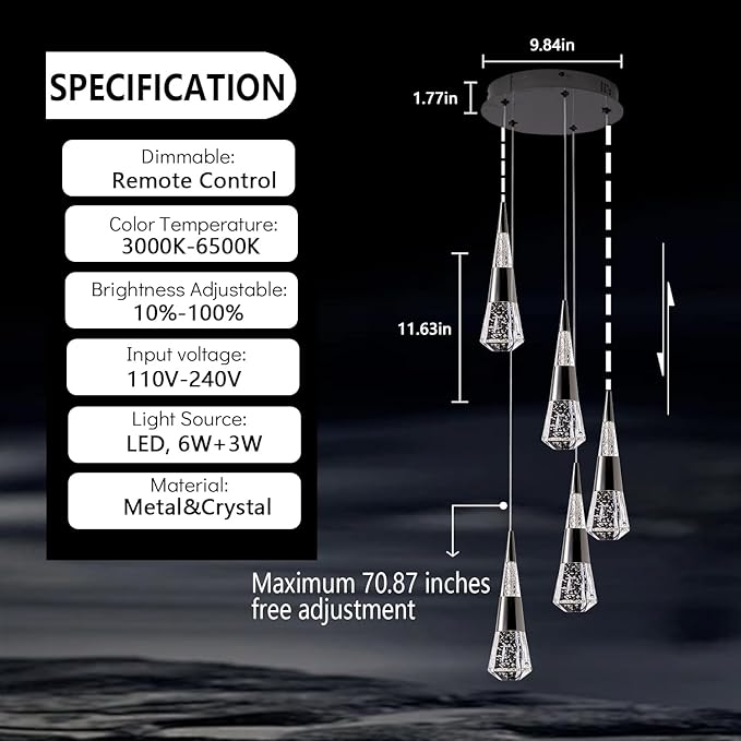 5-Light led Pendant Light, Dimmable Modern Pendant Light Kitchen Island Light Fixture Luxury Meteor Shower-Style Black Led Chandelier for Dinning Room, Kitchen Lighting Fixture