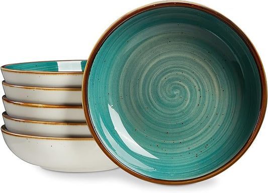 ONEMORE Porcelain Salad Pasta Bowls 30 Ounce, Set of 6 Ceramic Salad Dinner plates Bowls, Shallow & Wide Serving Bowls for Soup, Dessert, Pizza. Microwave & Dishwasher Safe Kitchen Dinnerware, Teal