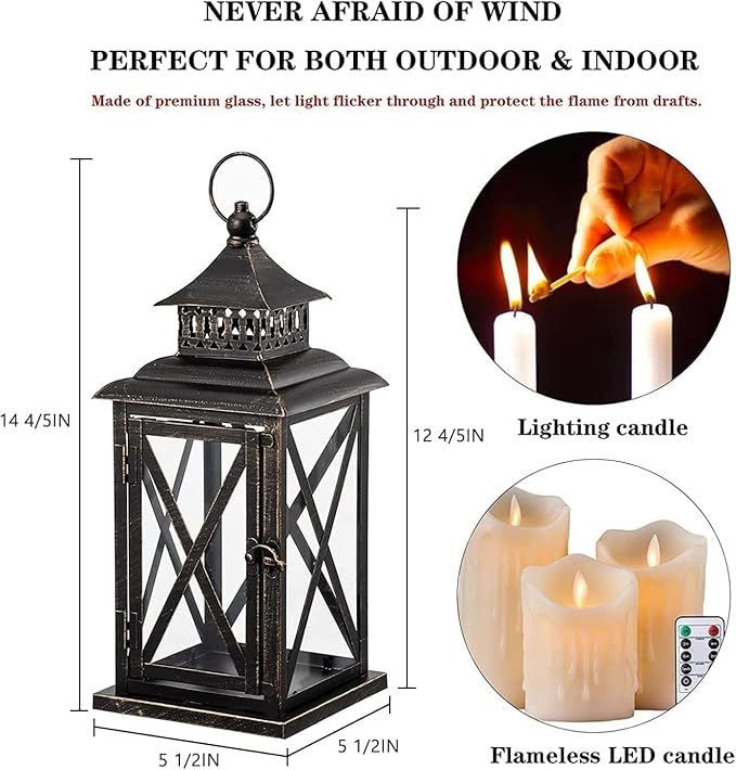 DECORKEY Lantern Decorative Indoor & Outdoor, 2 Pack Large Hanging Candle Lanterns Home Decor, Vintage Metal Candle Holders for Front Porch Patio Wedding Party, Halloween Christmas Decorations (Black)