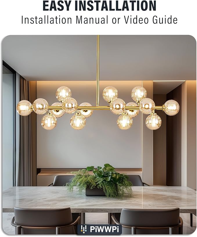 Glass Globe Sputnik Chandelier, 16-Light Mid Century Modern Light Fixture Over Table, Linear Chandeliers for Dining Room, Kitchen Island, Brass Gold and Amber Bubble, 40 Inch, GC-02