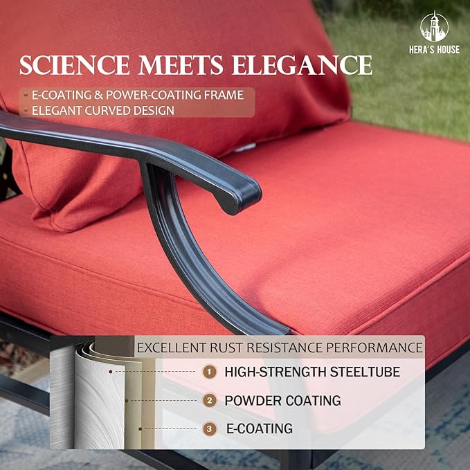 HERA'S HOUSE 6 Piece Patio Furniture Set, 2 x Rocking Cushioned Chair, 2 x Cushioned Ottoman, 1 x 3-Seat Sofa with Marbling Coffee Table, Outdoor Conversation Set for Lawn Garden Backyard, Red