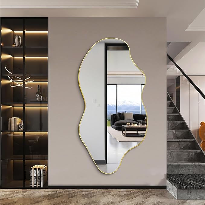 Irregular Mirror Full Length, Large Asymmetrical Wall Mirror, 59"x30" Gold Wavy Shaped Mirrors, Modern Frameless Decorative Mirrors for Dressing Living Room Bedroom Hallway Entryway