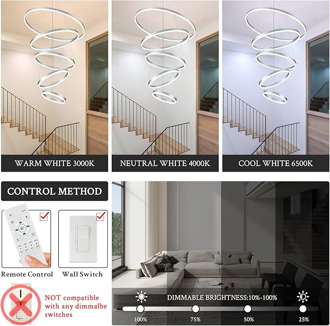 5-Rings D31.5’’ Modern LED Chandelier Silver Dimmable High Ceiling Chandeliers Foyer with Remote Control for Entryway Living Room Dining Room Staircase, 3000K-6500K