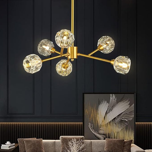Sputnik Chandeliers for Dining Room Light Fixture Over Table, Modern Crystal Chandeliers, 6 Lights Gold Lighting Fixtures for Living Room Bedroom Kitchen Island