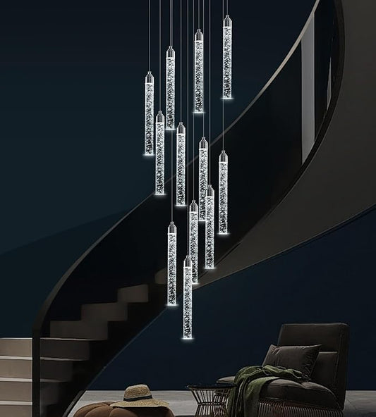 12-Lights High Ceiling Crystal Staircase Chandelier Chrome, Modern Spiral Raindrop Dimmable LED Bubble Cluster Ceiling Hanging Lighting Fixture for Foyer Living Room Entrance Remote Control