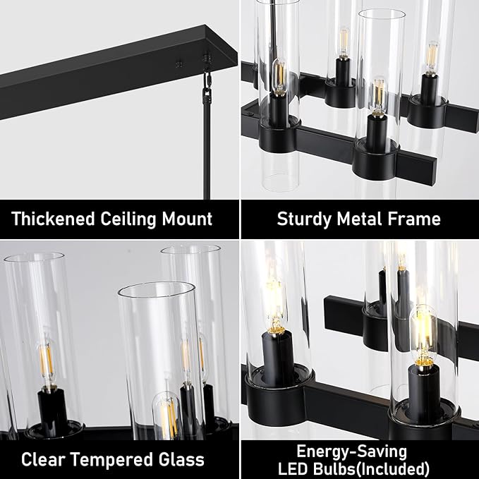 Modern Black Linear Chandelier for Dining Room, 54'' Rectangular Dining Chandeliers Over Dining Table 16 Light, Linear Chandelier Lighting Fixture with Glass over Kitchen Island, Includes Bulbs