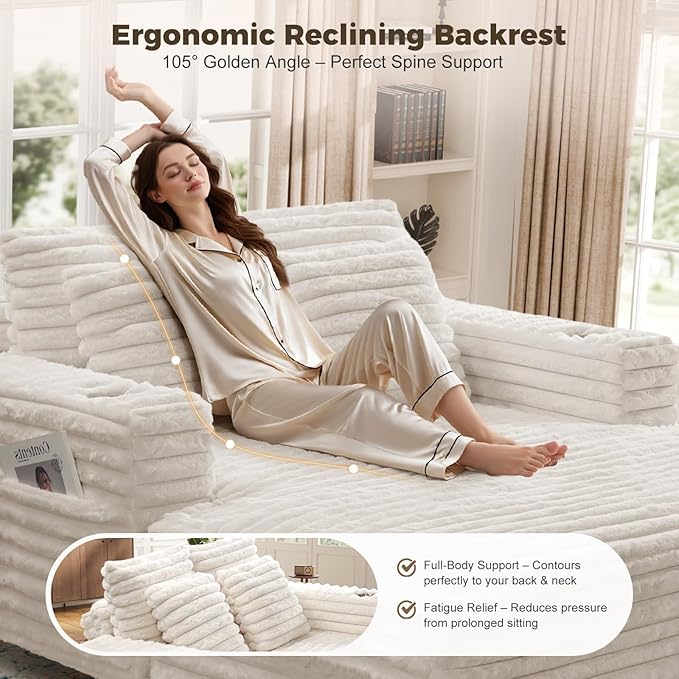 HUSFU 60'' Oversized Chaise Lounge Chair, Upholstered Sofa Bed, Sleeper Couch Reading Chairs with USB Port and Cup Holders,Comfy Cloud Sofas Couches for Living Room,Beige