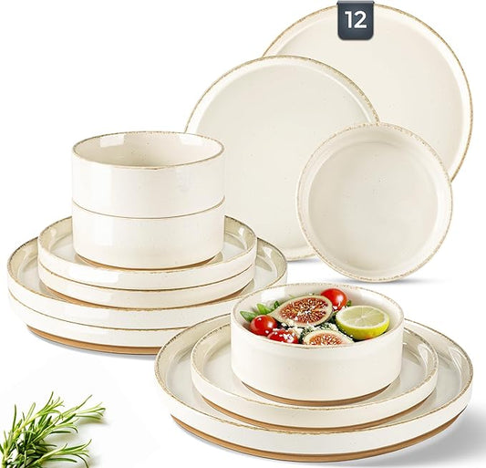 AmorArc Ceramic Dinnerware Sets for 4, 12 Pieces Handpainted Plates and Bowls Set with Rustic Terracotta Underside, Scratch Resistant Stoneware Dishes Set, Dishwasher & Microwave Safe
