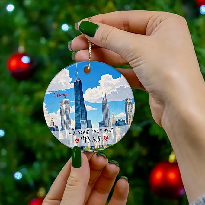 Chicago IL US Travel Souvenir Ceramic Ornament Christmas 2025, Personalized Chicago City Skyline IL Ornament for Xmas Tree Hanging, Custom Text/Name Illinois Travel Xmas Ornaments Gifts for Men Women