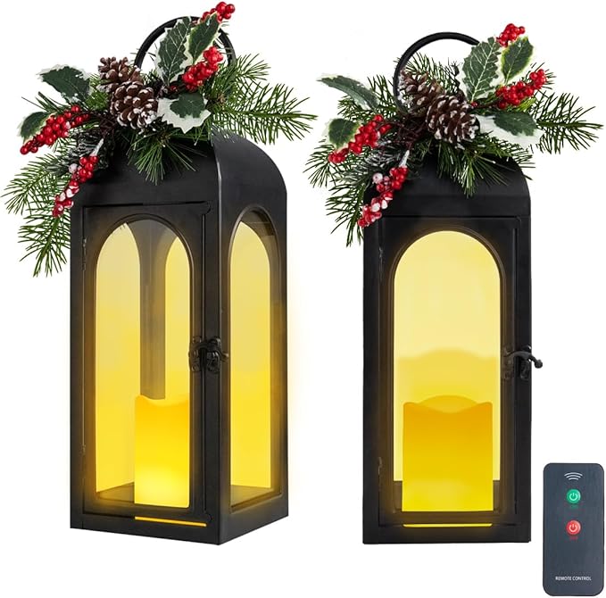 Bdor Lantern Decorative Candle Lantern 16 Inch Remote Vintage Set of 2 Decorations with Timer LED Metal Hanging Lantern for Home Outdoor Porch Decor Christmas Centerpieces Tables