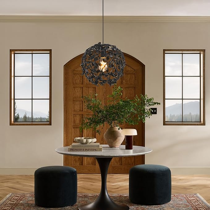 Black Round Tree Branch Pendant Lights Kitchen Islands, 13.8" Modern Farmhouse Adjustable Hanging Light Fixtures, Matte Black Metal Spherical Leaf Pendant Lighting for Dinning Room Bedside Hallway