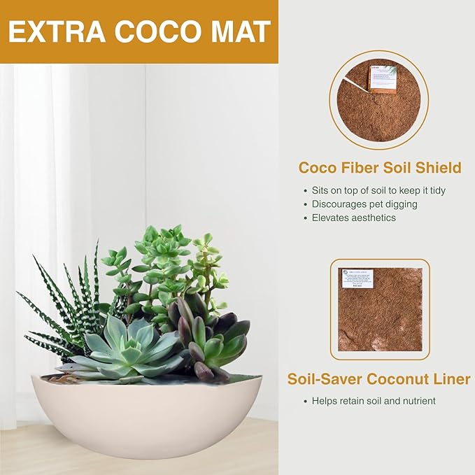 7.7"H x 22"D Round Bowl Fiberstone Planter for Succulent and Lotus, Drainage Hole, Weather Resistant for Indoor and Outdoor Use, Included 2 Extra Coco Mats (Kilim Beige, 19.9" Pot Opening)
