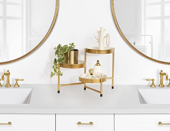 Kate and Laurel Finn 3-Tiered Plant Stand; 7.25 x 7.25 x 10; White and Gold; Decorative Layered Tabletop Plant Stand for Display and Storage