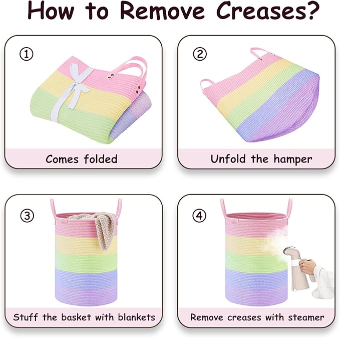 VIPOSCO Tall Laundry Basket, Large Dirty Clothes Hamper with Leather Handle, Woven Rope Storage Basket for Blanket, Toy In Living Room, Bathroom, Bedroom - 72L Rainbow