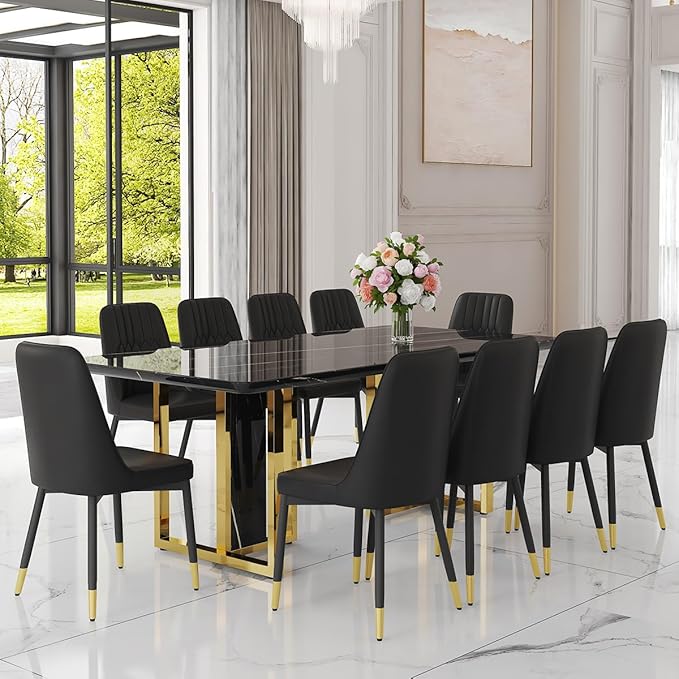 TesNus 79" Black Dining Table Set for 10,Large Faux Marble Top with Gold Metal Base, Rectangular Kitchen Room Set with 10 Black Chairs,Modern Design,Easy Assemble,Stable Base