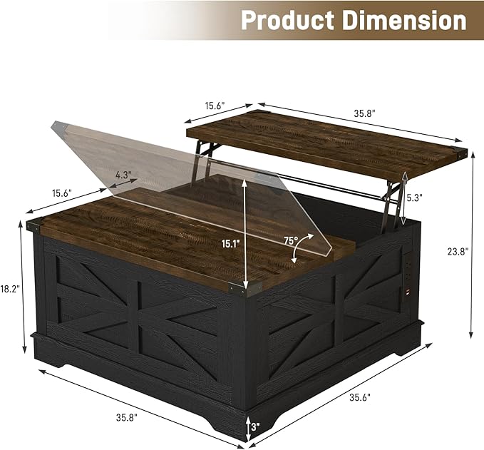 36" Farmhouse Movable Lift Top Coffee Table with Storage and Power Outlets, Square Wood Living Room Tables with Wheels&Large Hidden Space, Lift Wooden Barn Door Center Table, Black