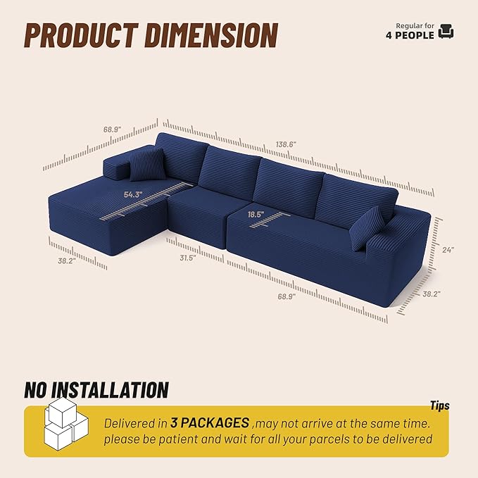 138" Boneless Couch with Deep Seat, Modular Sectional Sofa, Cloud Sectional Couch for Living Room, No Assembly Required, Corduroy, 4 Seater L-Shape Right, Blue