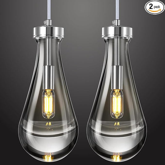 Raindrop Pendant Lights Kitchen Island Set of 2 Teardrop Chrome Hanging Light Fixtures Clear Solid Glass Pendant Light Modern Chandeliers for Dining Room Porch Corridor Living Room