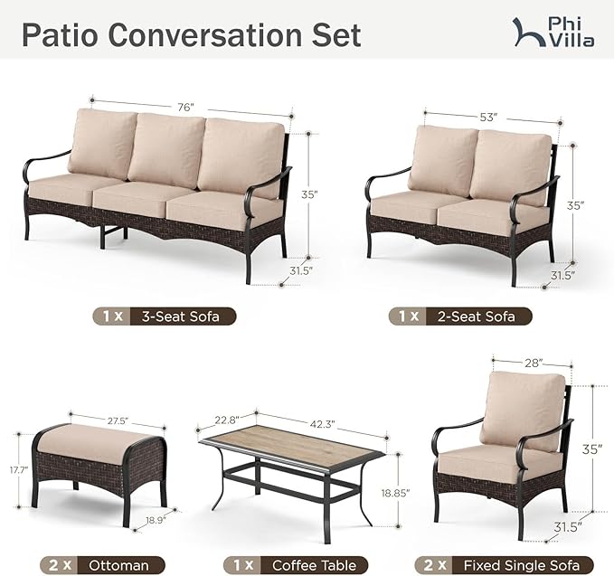PHI VILLA Extra Large Outdoor Modern Patio Furniture Set, Upgraded Wicker&Metal Patio Furniture Conversation Set with Waterproof Thick Cushions for Porch, Poolside, Deck, and Yard(7 Pieces,Beige)