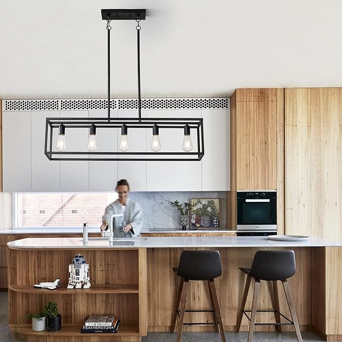 Black Farmhouse Kitchen Island Lighting, Modern Industrial Chandelier, 5-Light Linear Rectangular Pendant Light Fixtures for Farmhouse Kitchen Dining Room Bar Foyer(Metal, Height Adjustable)
