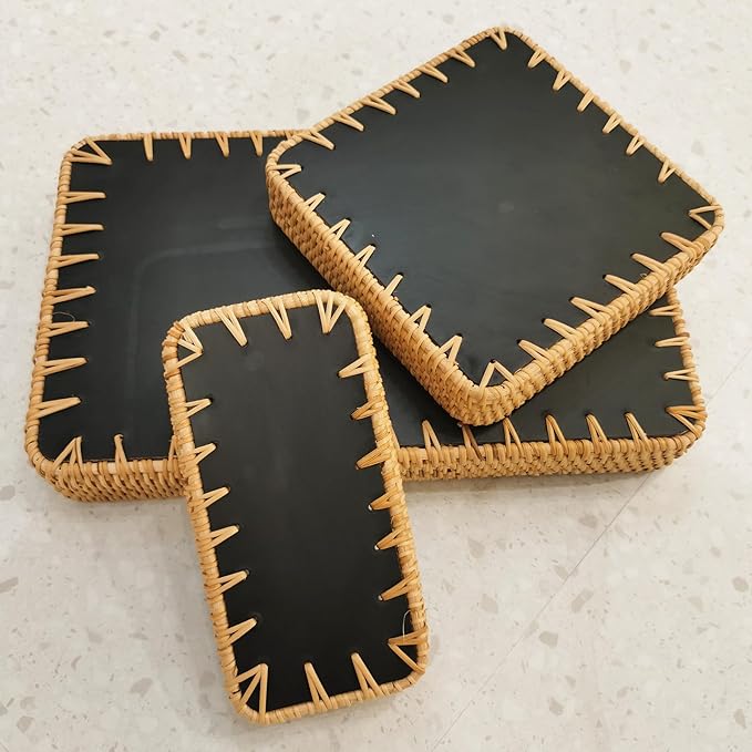 i-lan Set of 3 15 Inch Rattan Woven Serving Tray Basket with Handles and MOP Wooden Base, Boho Wicker Coffee Table Décor Serving Tray with 2 Inch Wall, Handmade Display Basket for Everywhere