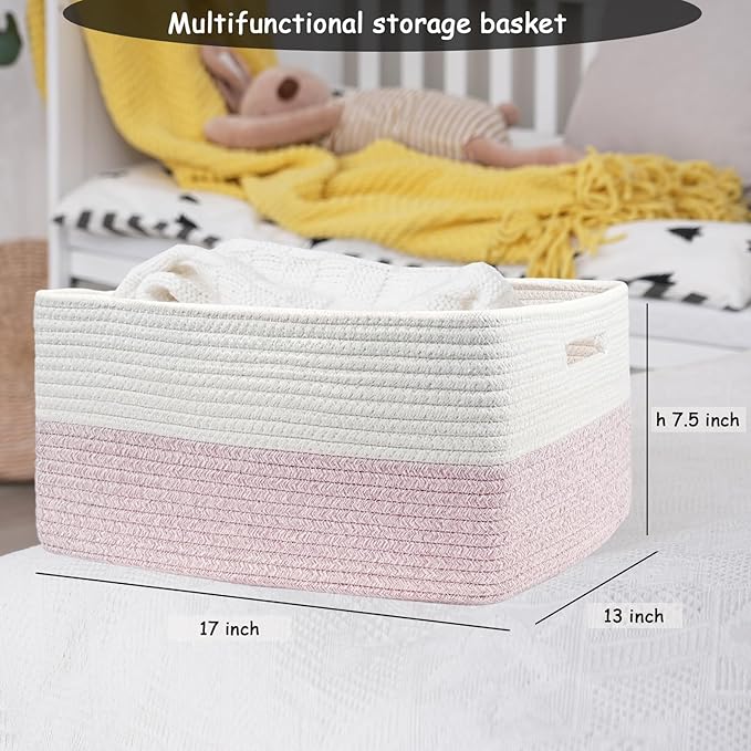 COMFY-HOMI 3 pcs Large Storage Baskets for Shelves, Laundry Basket, Woven Rope Basket, Closet Organizer Bins for Clothes Blanket Towels, Baby Nursery, Gift Toy Baskets, 17” x 13” x 7.5”-White/Pink