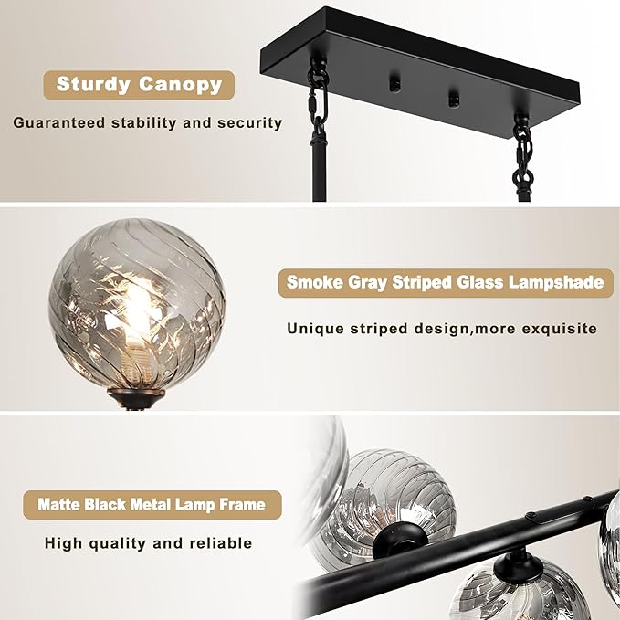 Dining Room Light Fixture 16-Light Farmhouse Chandeliers for Dining Room Large Chandelier Linear Sputnik Chandelier Smoke Gray Swirled Globe Glass Bubble Black Modern Pendant Lights Kitchen Island